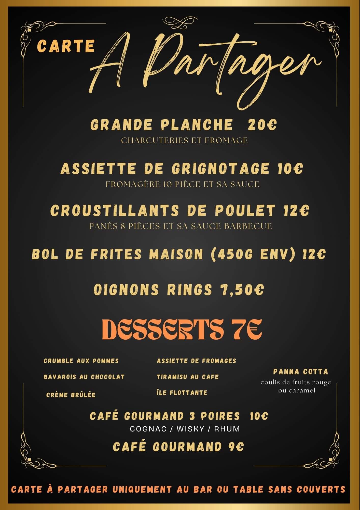 carte des plats a partager dans le restaurant O Baron a la chapelle saint Luc près de Troyes