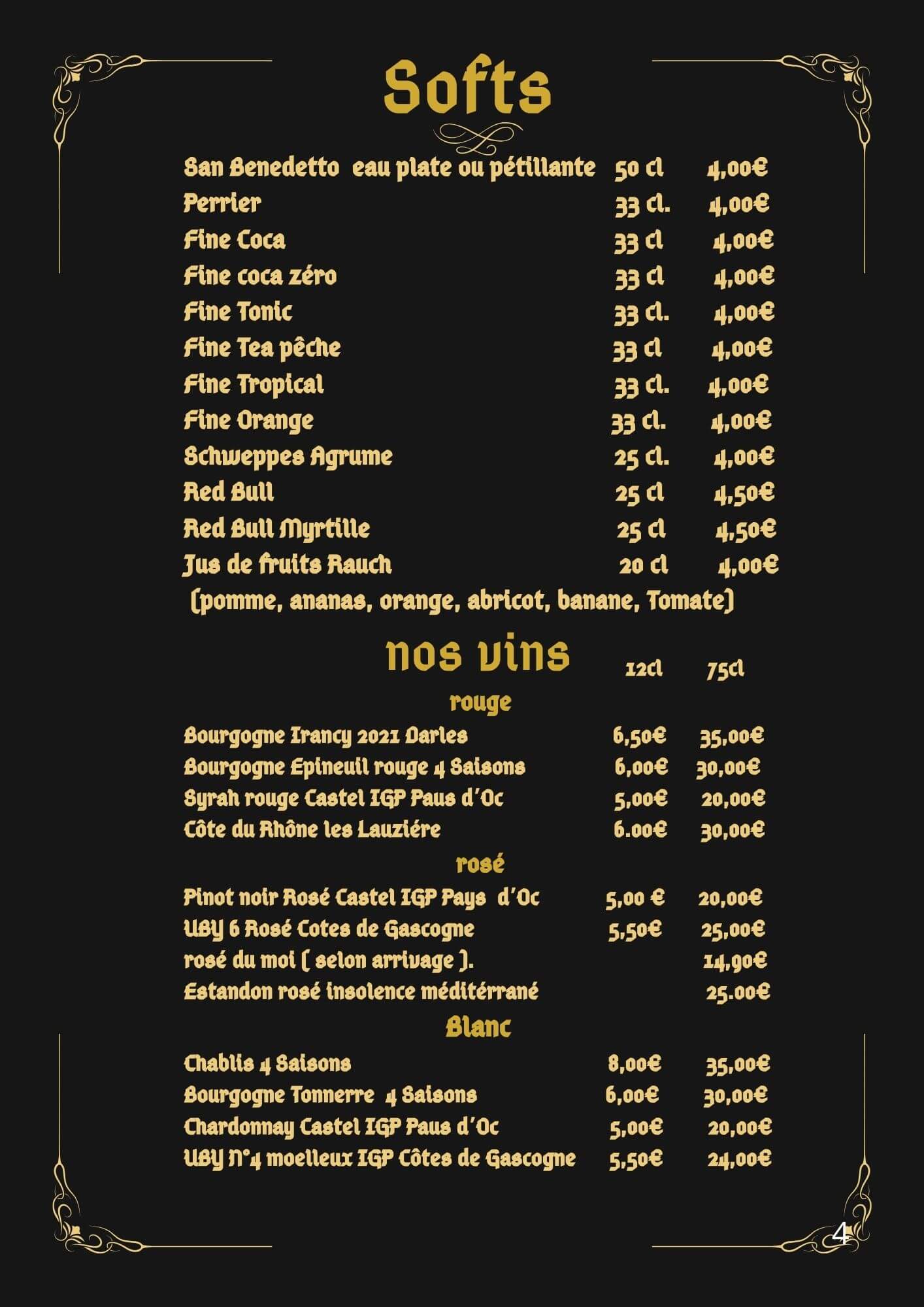 carte des softs restaurant au baron la chapelle saint luc
