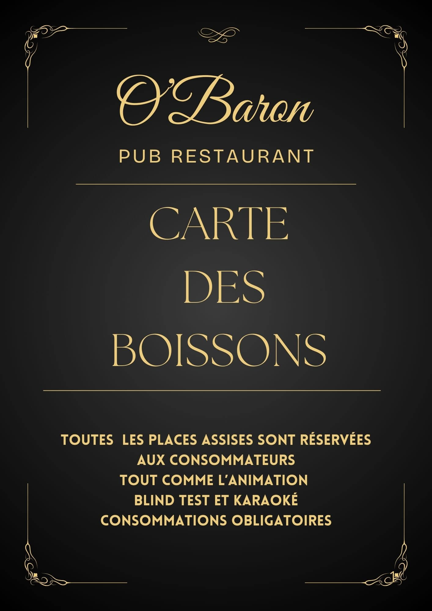 carte des boissons O'baron restaurant Troyes