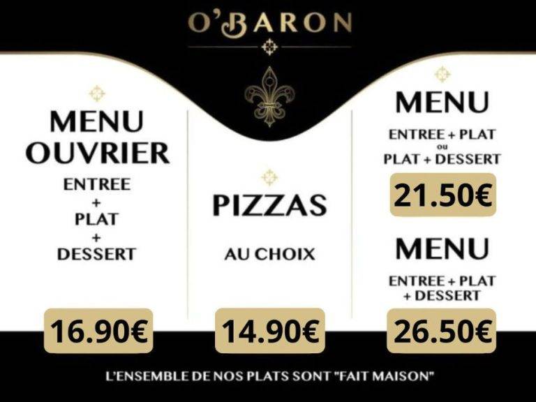 formules du restaurant O'Baron à la chapelle saint Luc près de Troyes