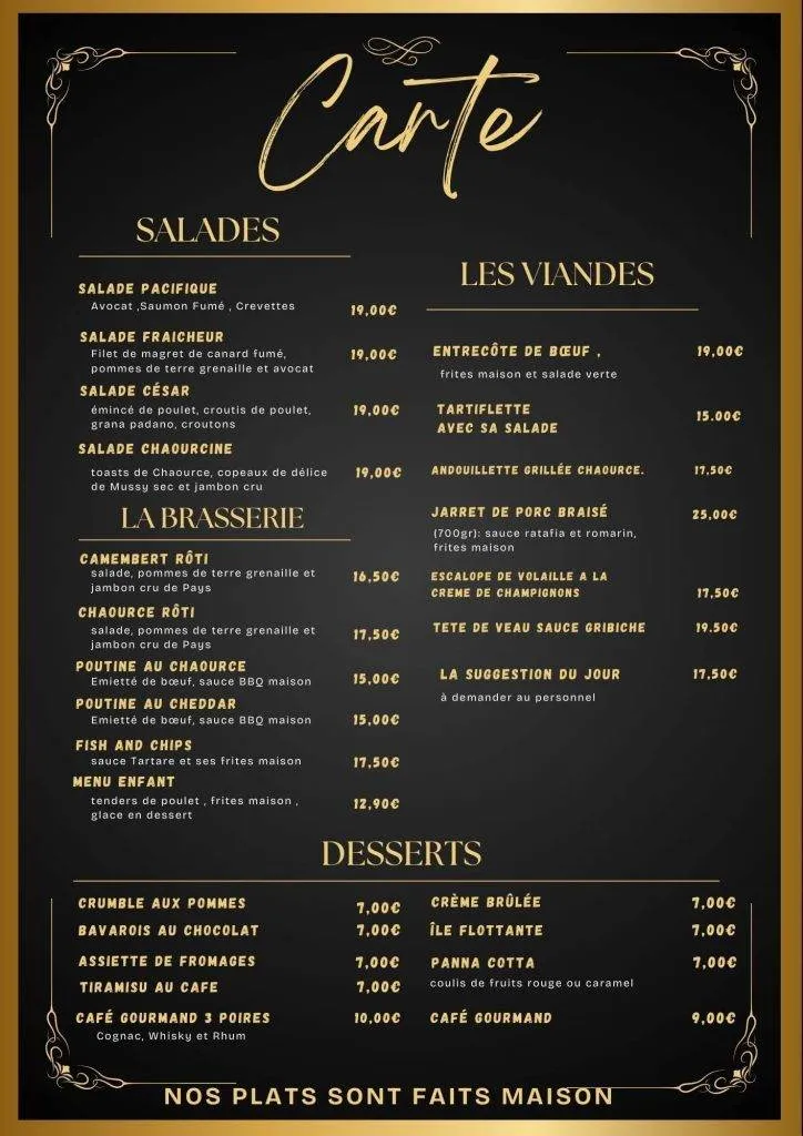 menu à la carte du restaurant d'ambiance O'Baron à la chapelle saint Luc