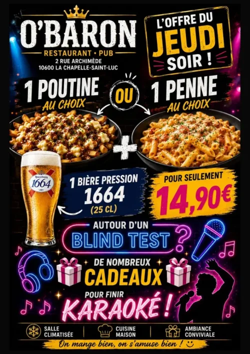 Restaurant karaoké à la chapelle saint Luc près de Troyes, offre du jeudi soir